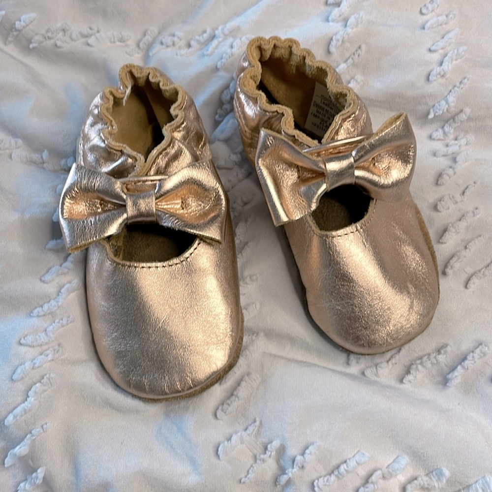 Rose Gold, Mary Jane leather bottom first walker shoes.